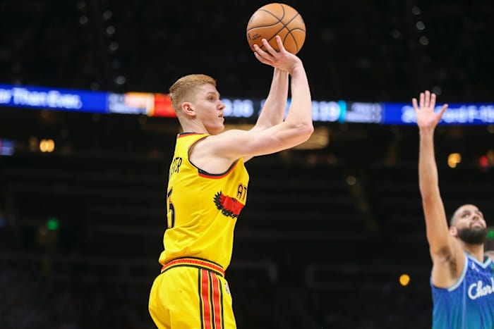 Dec 5, 2021; Atlanta, Georgia, USA; Atlanta Hawks guard Kevin Huerter (3) shoots the ball against the Charlotte Hornets in the second half at State Farm Arena.
